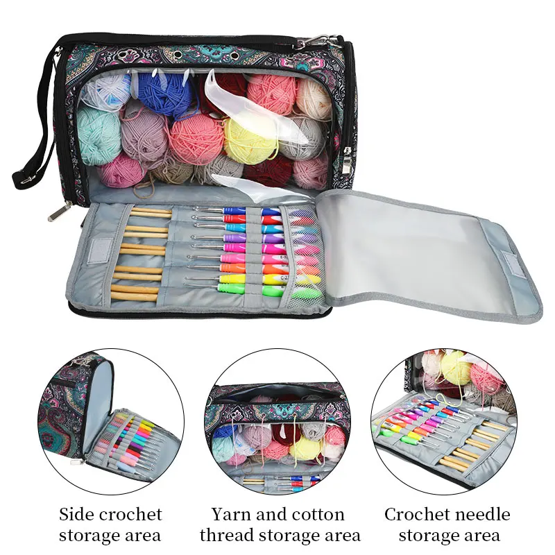 KOKNIT Yarn Storage Bag with Paisley Oxford Cloth Organizer Bag for Knitting Travel Crochet Hooks Bag Sewing Accessories Storage