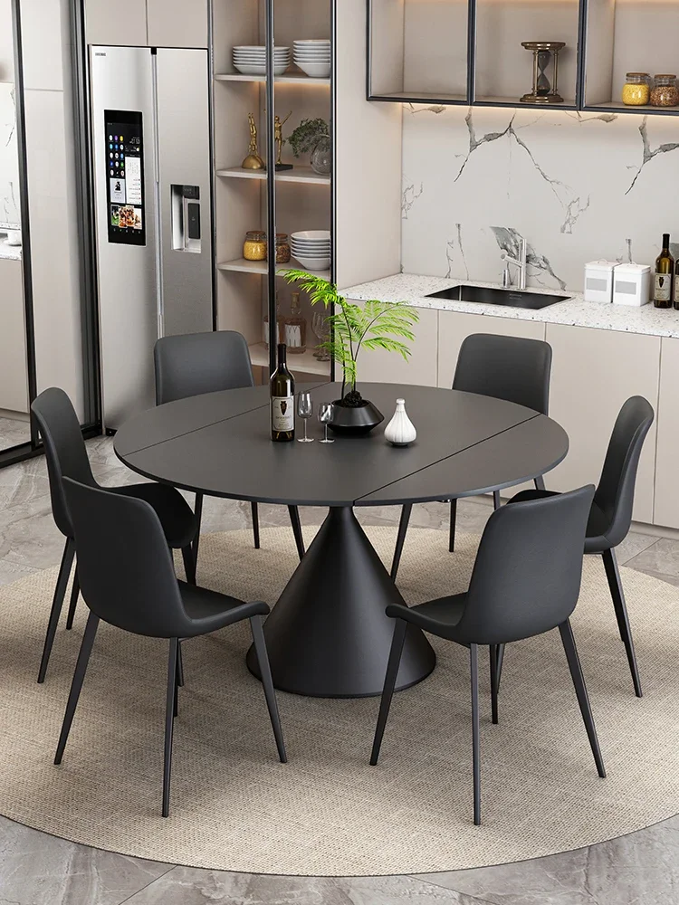 

Rotatable retractable dining table, black slate, Italian minimalist, square-round dining table and chair combination