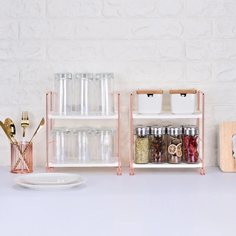 

Desktop Cosmetics Storage Rack Rose Gold 2/3 Layers Bathroom Makeup Organizer Assembled Kitchen Seasoning Iron Storage Shelves