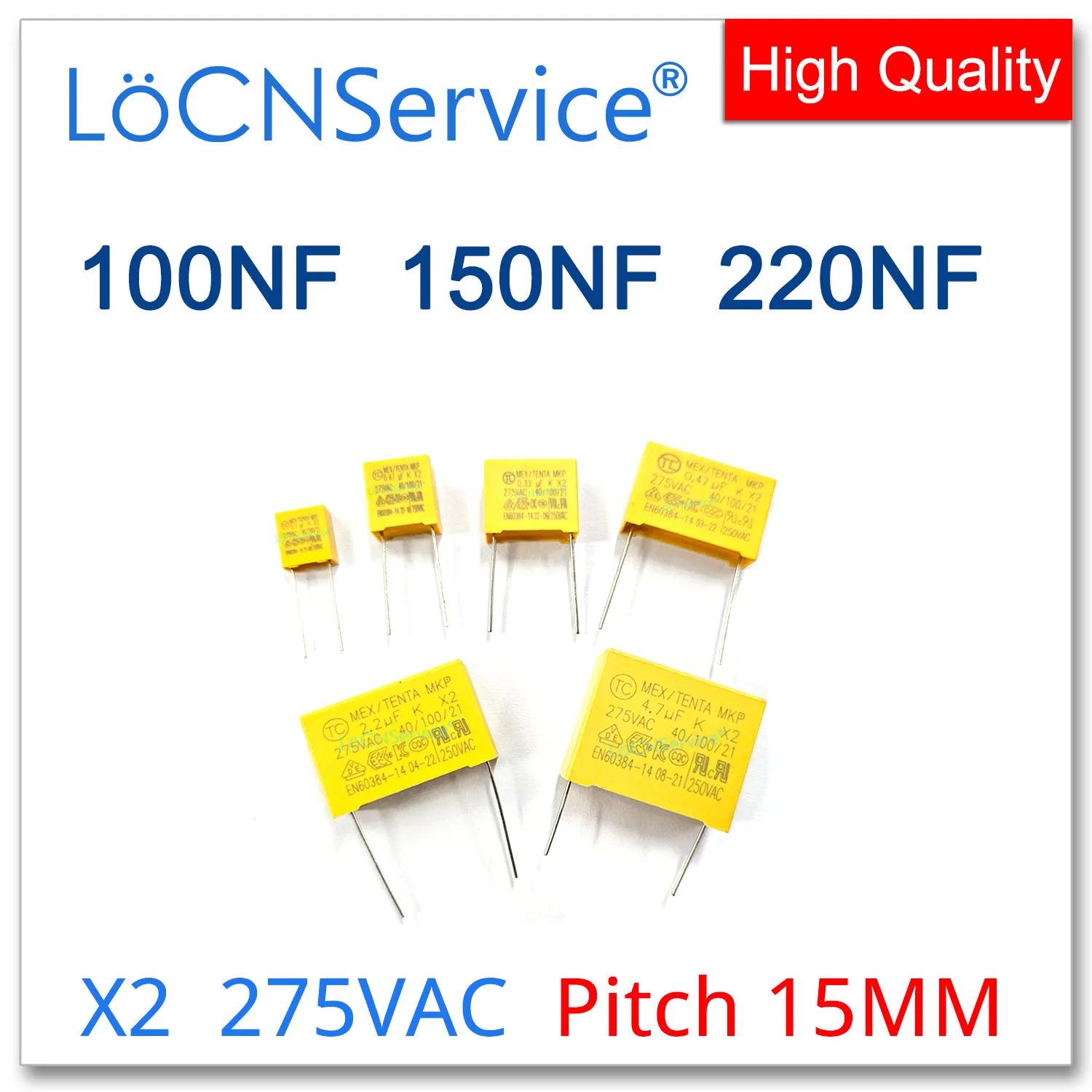 500PCS Pitch 15mm X2 Safety Correction Capacitor 275VAC 100NF 150NF 220NF 104 154 224 0,1UF 0.15UF 0.22UF High Quality