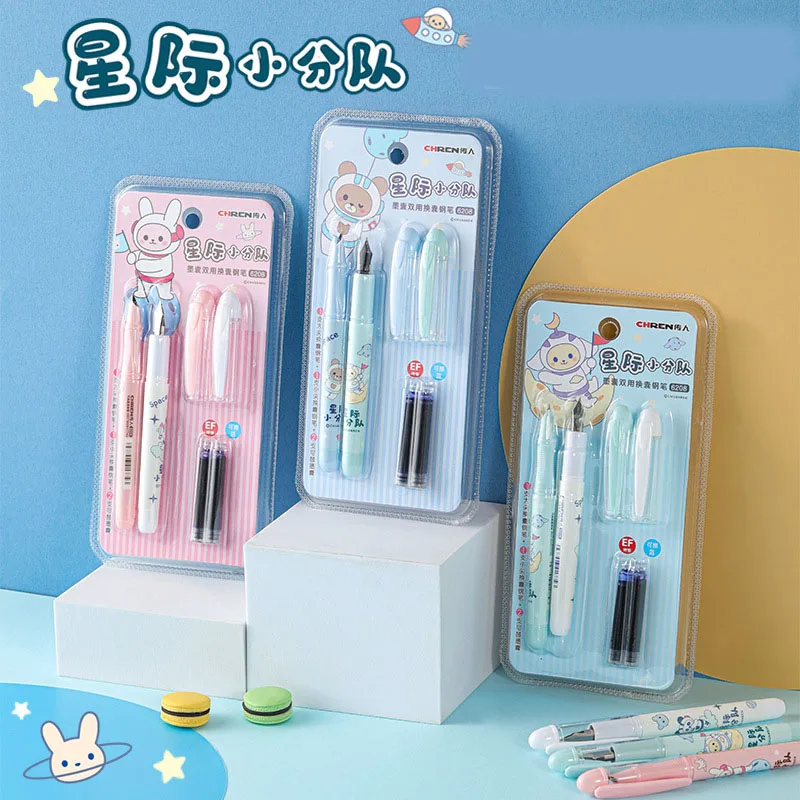 Kawaii 2 Pen +2 Ink Erasable Fountain Pen Kids Stationery Ink Cartridge Gift Set 0.38/0.5mm Writing School Pens Office Supplies