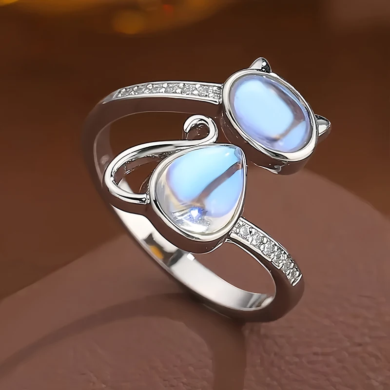 Huitan Active Cat Design Opening Rings with Imitation Opal Lovely Modern Stylish Party Jewelry Sweet Women Finger Accessories
