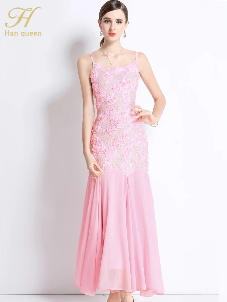 

H Han Queen French Rose Floral Embroidery Mermaid Prom Party Long Dress New Summer Sexy Chiffon Patchwork Glitter Slim Robe