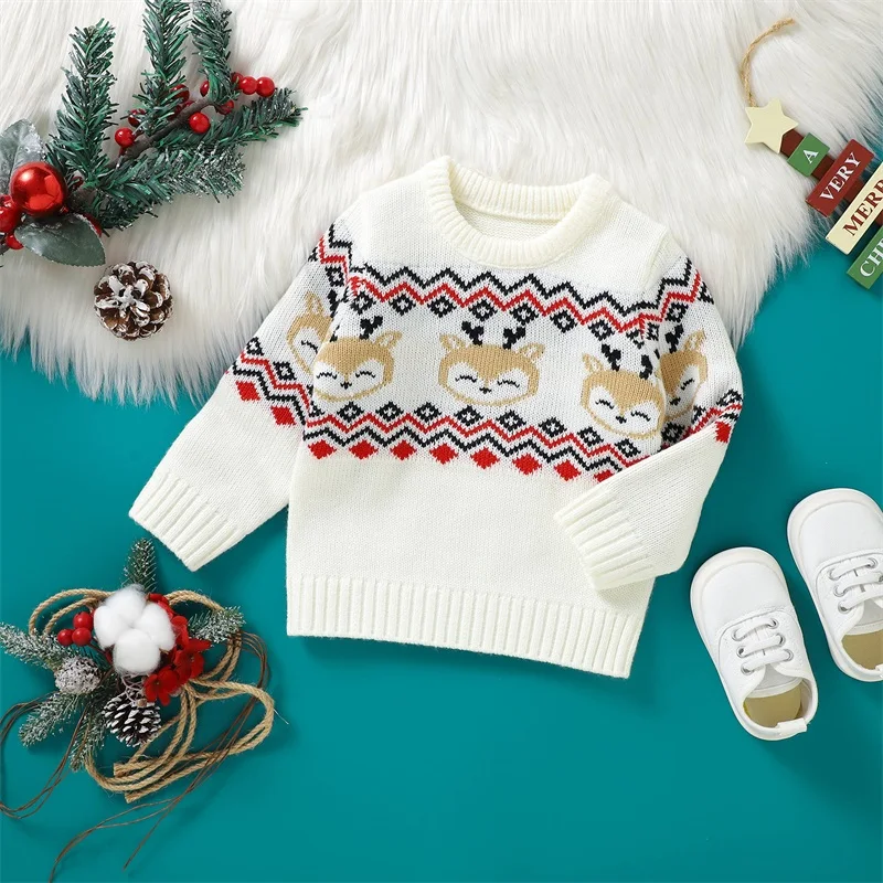 

Adorable Infant Holiday Sweaters Stylish Crew Neck Reindeer Patterned Knit Jumper Baby Pullovers Festive Toddler Tops