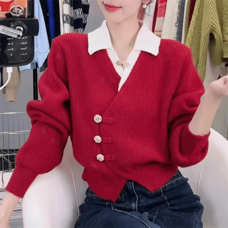 2025 Spring Autumn New Fake Two-Piece Knitt Sweater Splicing Cardigan Women Temperament Casual Knitwear Sweaters Ladies Top W706