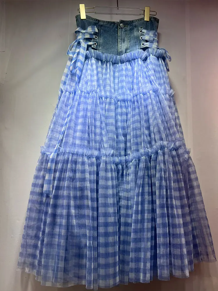 Heavy-Duty Denim Plaid Gauze Long Skirt with Lace High Waist And Cascade Ruffles Fashionable Joker A-Word Cake Style Waist Stitc