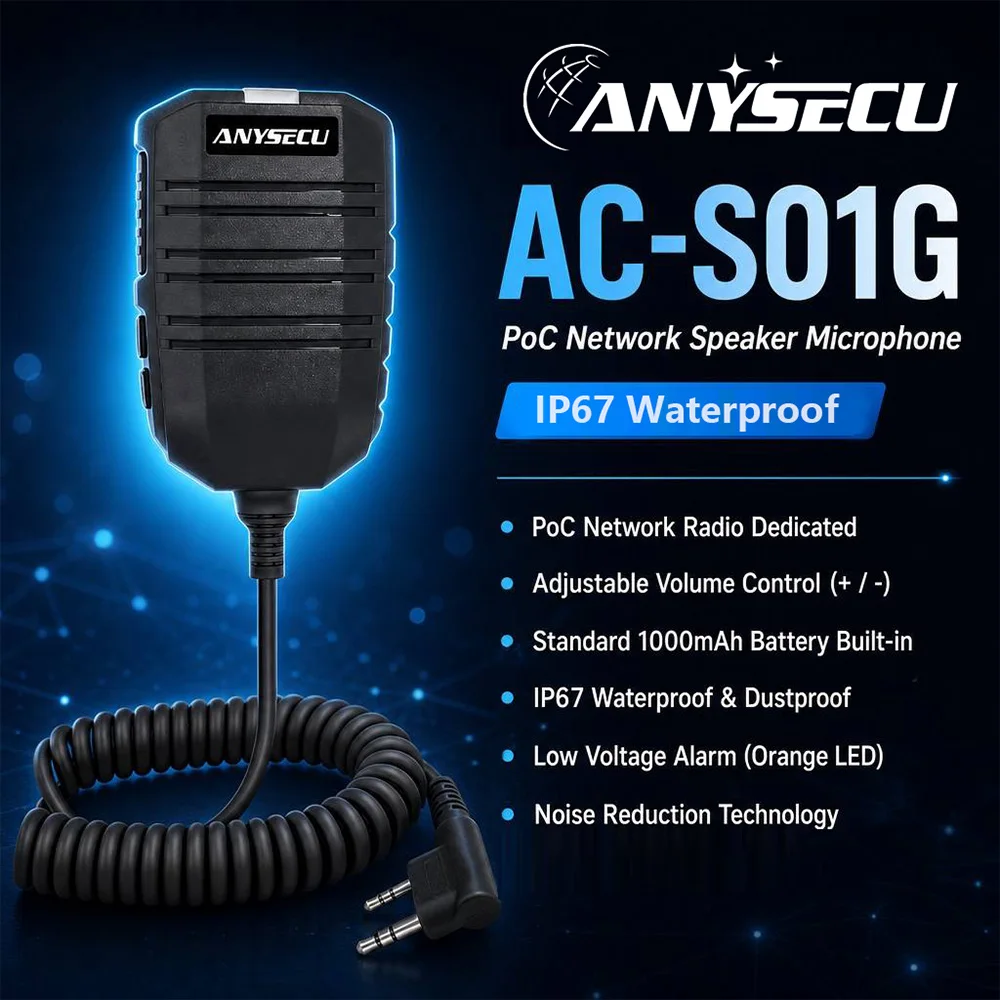 Anysecu AC‑S01G PoC Public Network Speaker Microphone IP67 Waterproof K 2‑Pin DSP Noise Reduction Handheld1000mAh Mic