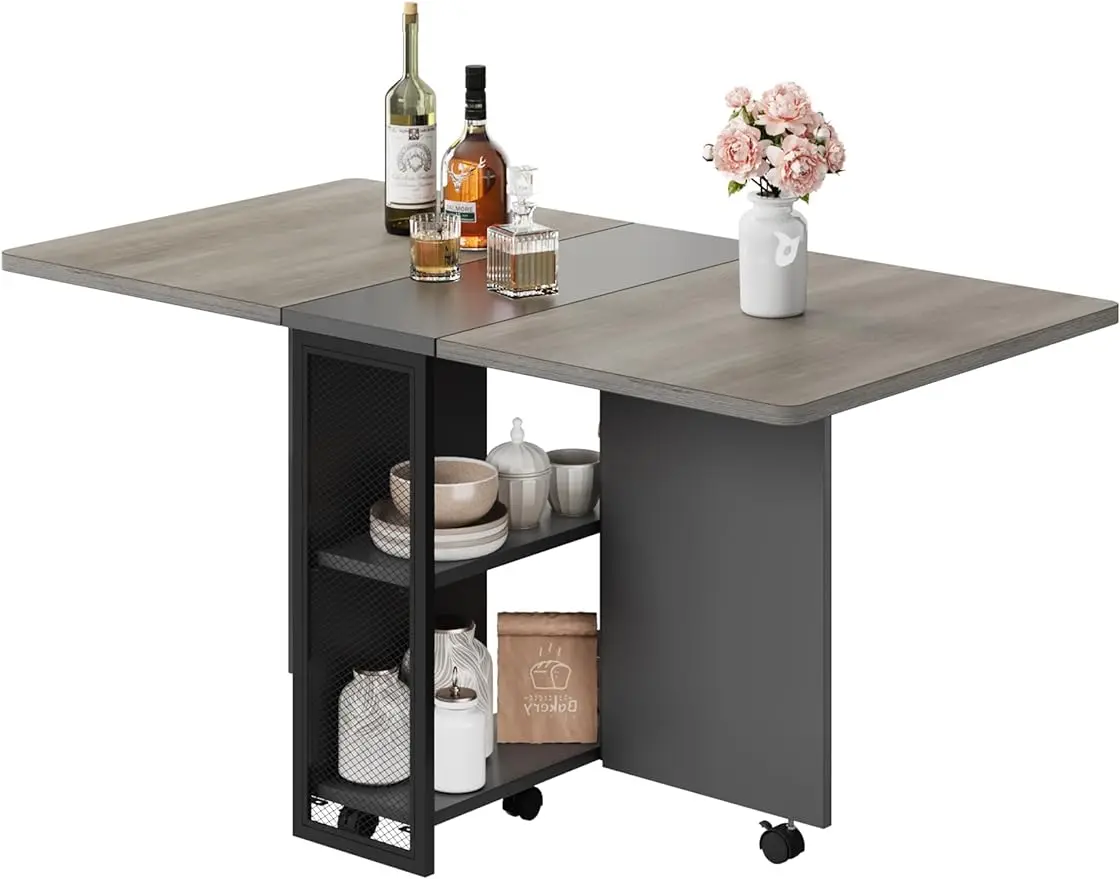 

Space Saving Folding Dining Table w/2 Tier Storage-Extendable Drop Leaf Farmhouse Wood Kitchen Table,Gray/Walnut/White