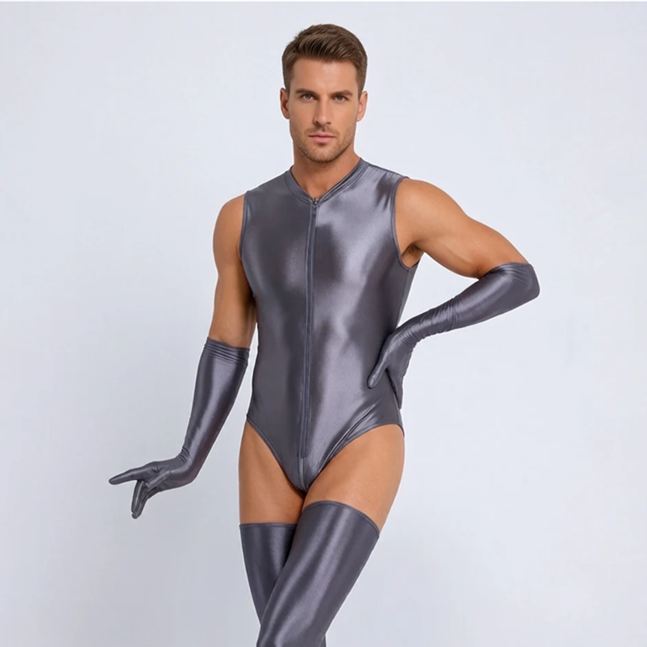 Women Stain Smooth Bodysuit One Pieces Thong Two Way Zipper Open Crotch Elastic Tights Oil Shiny Yoga Shaping Maid Leotard