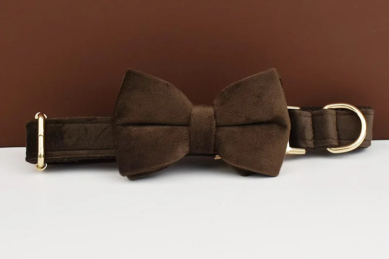 Dunkelbraunes Samt-Hundehalsband und Leinen-Set für Hunde, individuell graviertes Namensschild, Heimtierbedarf, Hundeleine, Samt11 – Detail 5