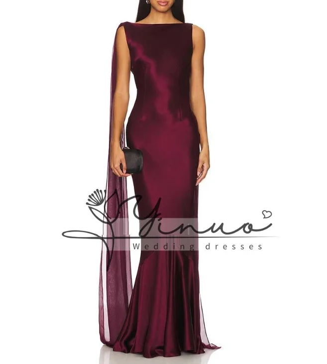 

customized Burgundy Mermaid Women's Evening Gown Boat Neck Evening Dress For Wedding Sleeveless Long Backless Formal Dress