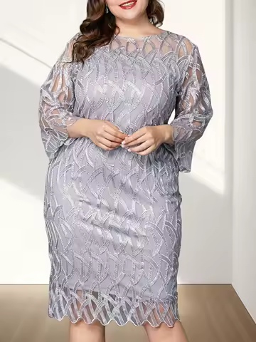 Plus Size Silver Geometric Lace Long Sleeve Midi Dress for Evening Party