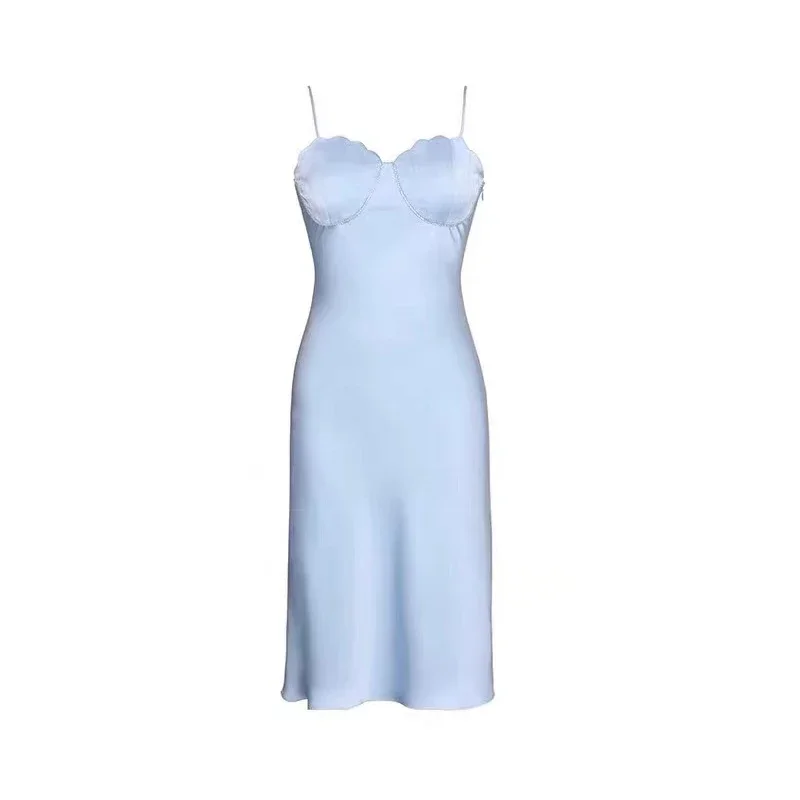 Vestido midi para as mulheres sexy elegante vestido de cetim de luxo sólido sem costas festa de verão vestido de cinta de espaguete casual pijama feminino