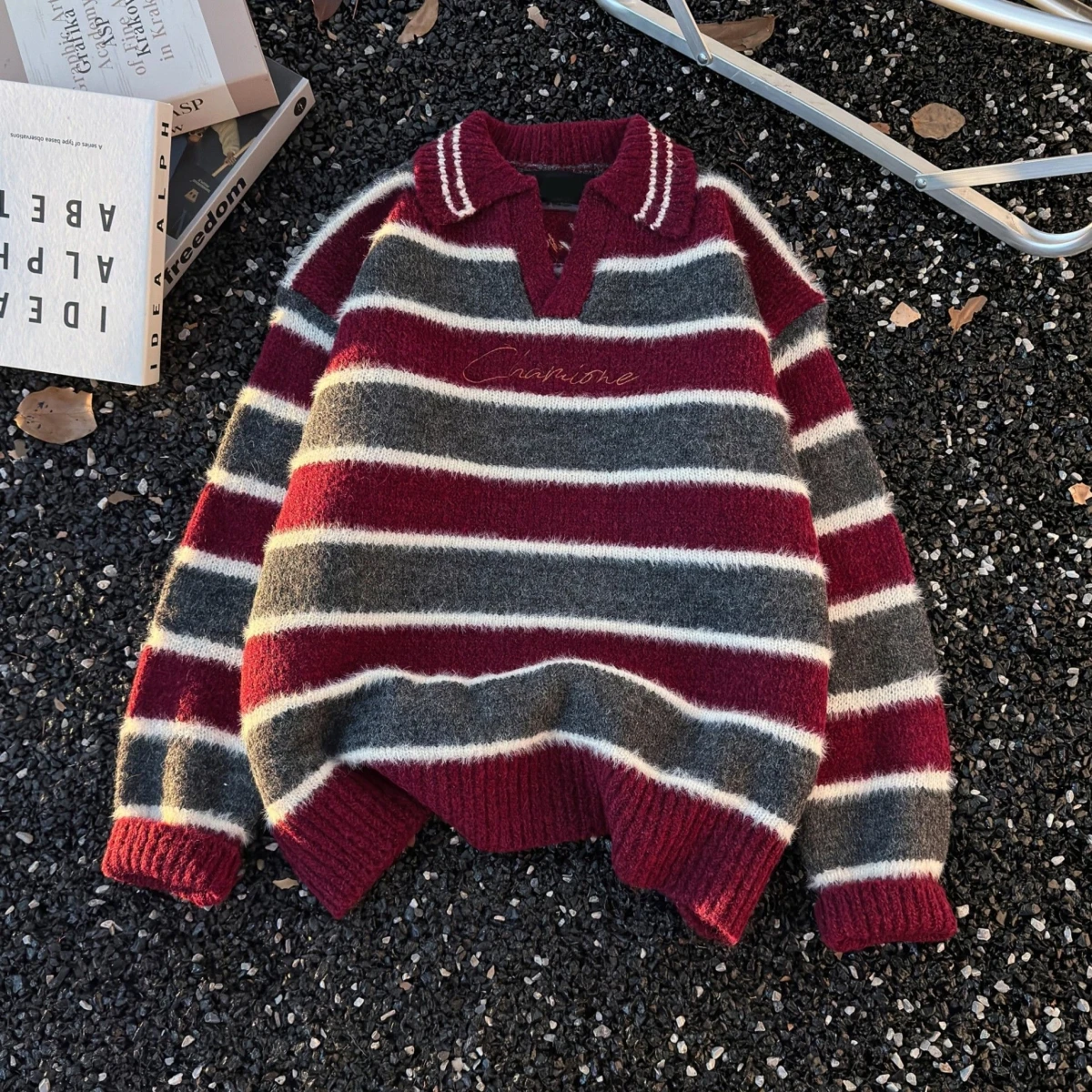 

Ретро японский полосатый свитер, свободный ленивый свитер с v-образным вырезом, вязаный свитер для мужчин и женщин, осенний сезон, повседневная одежда