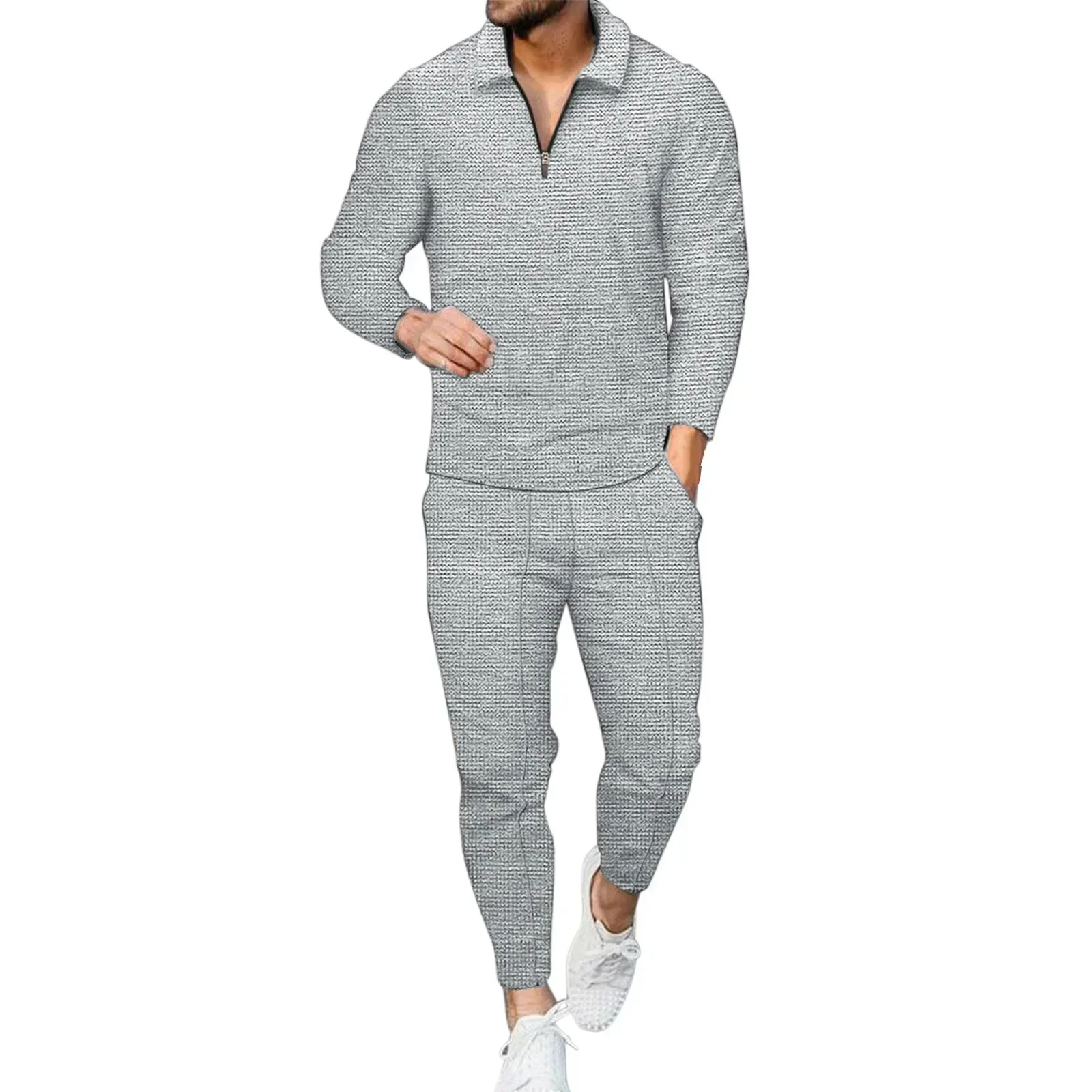 2026 Men's Solid Casual Long Sleeve Polo Shirt + Pants Sets 2PCS Zipper V-neck Two Pieces Tracksuits Male Slim Sportwear Outfits