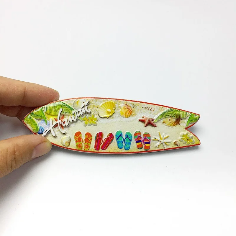 

3D Resin USA Hawaii Souvenir Fridge Magnet - Surfboard Shape with Flip Flops, Shells & Starfish, Cute Magnets Home Decor Items