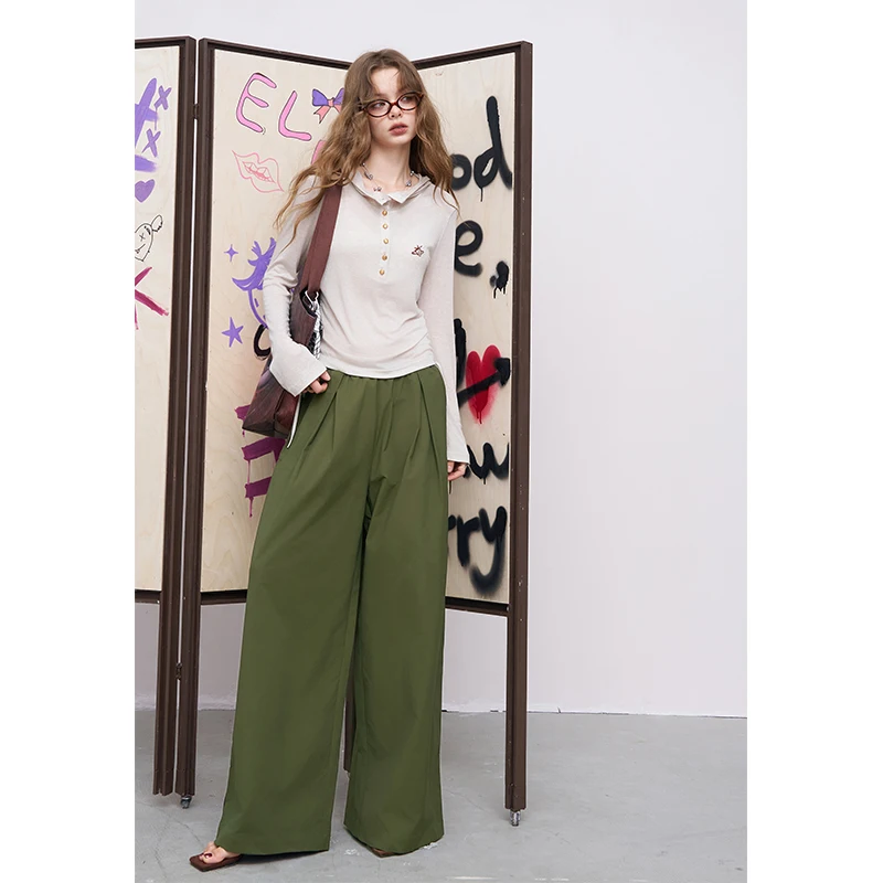 ELFSACK 2025 Summer New Arrival Basic Loose Solid Wrinkled Straight Long Pants For Woman