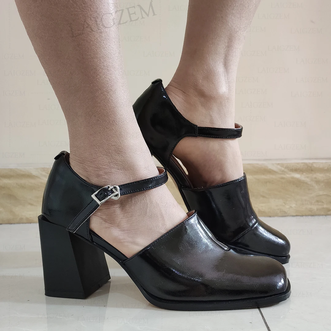 

LAIGZEM Women Pumps Real Leather Thick Block Heels Sandals Square Toe Ankle Strap Comfortable Black Shoes Woman Size 33 36 39 40