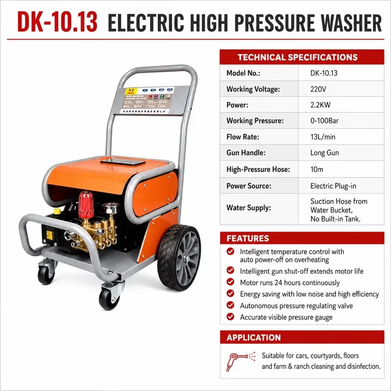 for DK10.13 Electric High Pressure Washer Stainless Steel 220V 2.2KW 100Bar 13Lmin 10M Hose for Car Yard Farm Cleaning