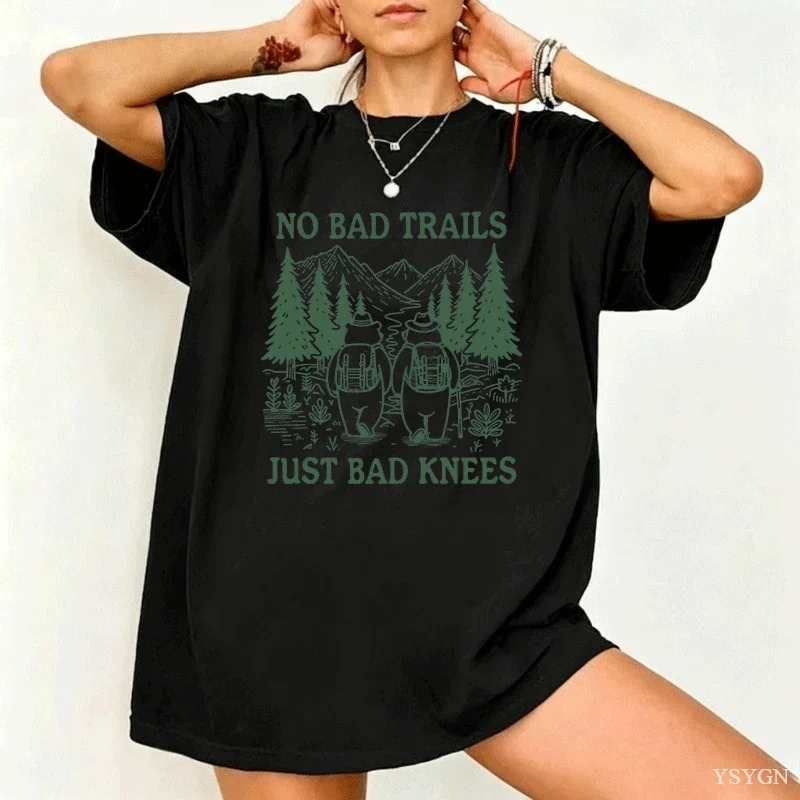 No Bad Trails Just Bad Knees T Shirt Funny Hiking T-Shirt Nature Lover Tee Family Camping Vacation Tshirt Adventure Tees Tops