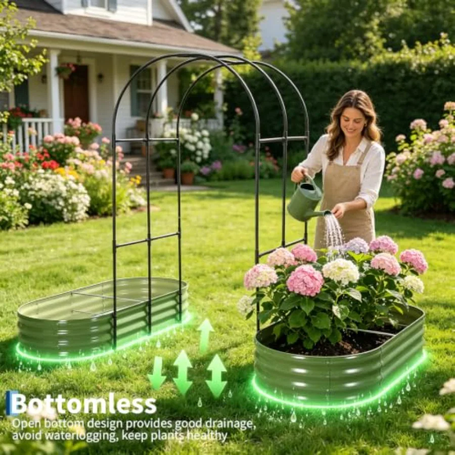 Outdoor gardening planter box with arch trellis, galvanized steel, black, 87 H modular system with climbing net for flowers, ve