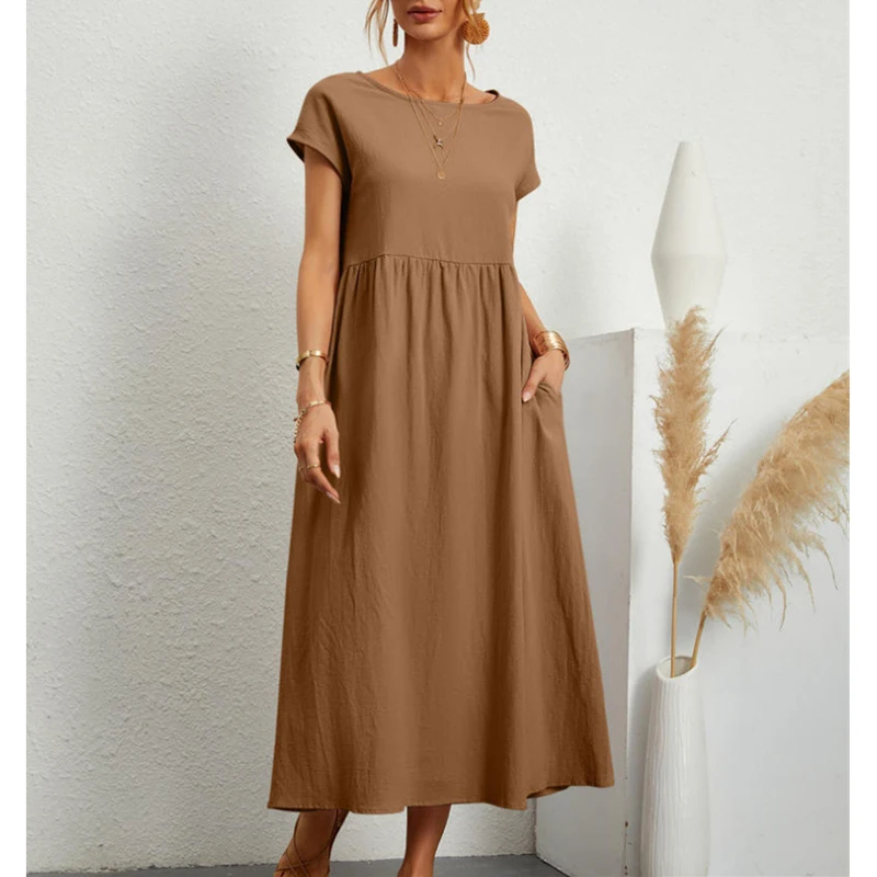 Odzież damska Casual Loose Vintage Cotton Linen Beach Midi sukienka letnia prosta O Neck jednolite, z kieszeniami Shrot rękaw sukienki szata