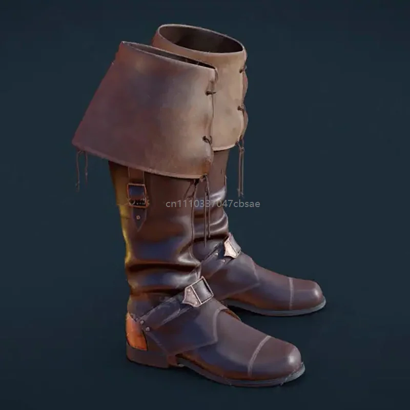 Quadratische Zehenspitze, Schnallenverschluss, lange Stiefel, hohe Schafthöhe, flacher Boden, Ritterstiefel, modischer niedriger Absatz, Retro-Farbblock-Design, Schnürschuhe – Detail 6