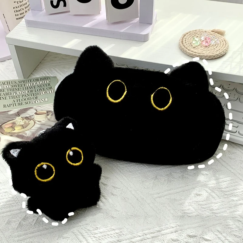 Simplicity Black Plush Cat Pencil Case Pencil Bag High Capacity Stationery School Student Storage Bag Cosmetic Storage Bag