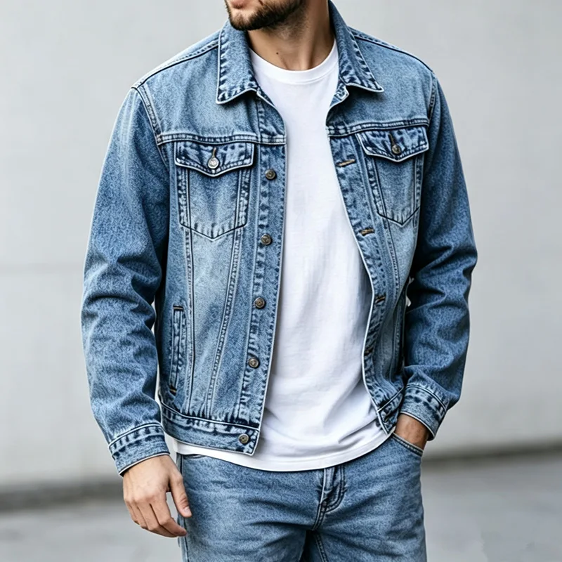 Men Daily Casual Light Blue Washed Denim Jacket Classic Lapel Button Front Trucker Jean Outerwear