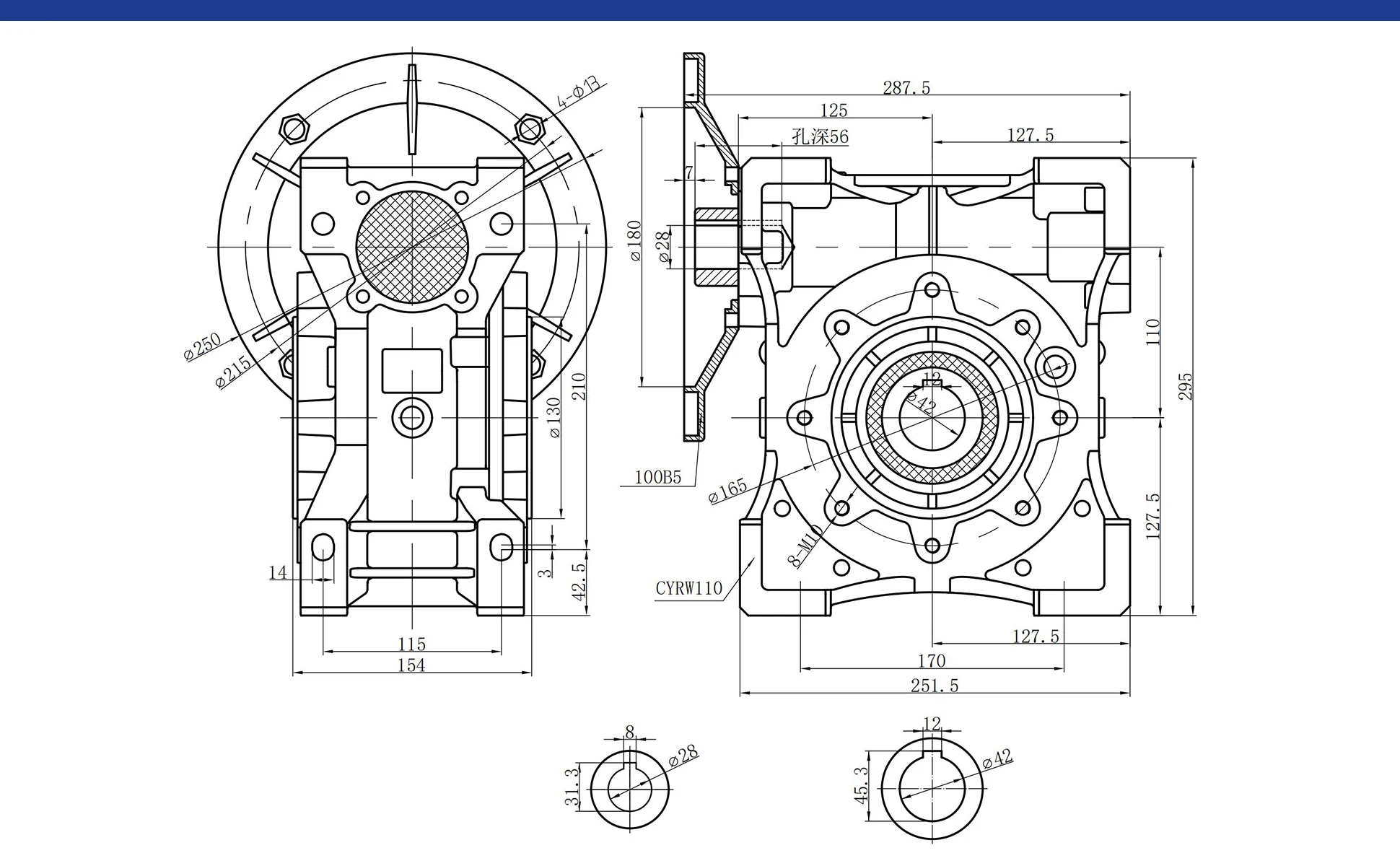 CHENYUE Worm Gearbox CYRW110 Gear Reducer  Input 19/24/28/38mm Flange80B5,90B5,100B5,132B5 Output 42mm Ratio 7.5:1-100:1