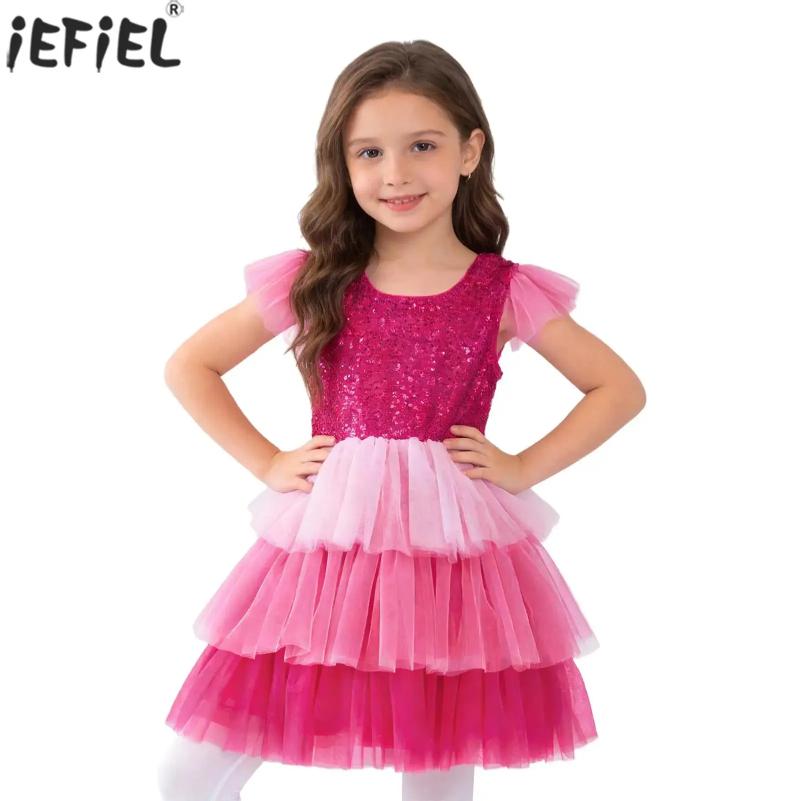 

Kids Girls Birthday Party Dress Ruffled Sleeves Tiered Ruffle Sparky Sequins Dresses for Ballet Dance Performance Pageant Prom
