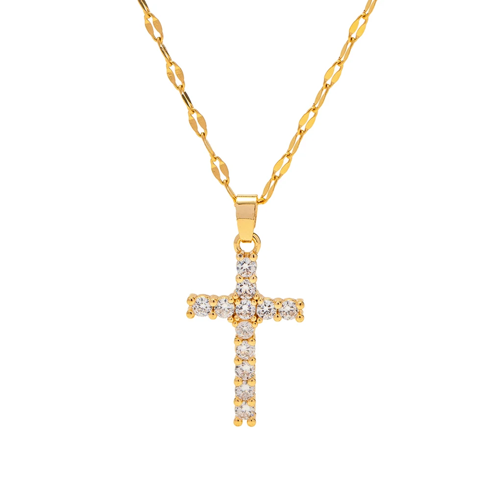 Youthway Stainless Steel 18K Gold Plated White Cubic Zirconia Cross Pendant Necklace Waterproof Trendy Jewelry Women New