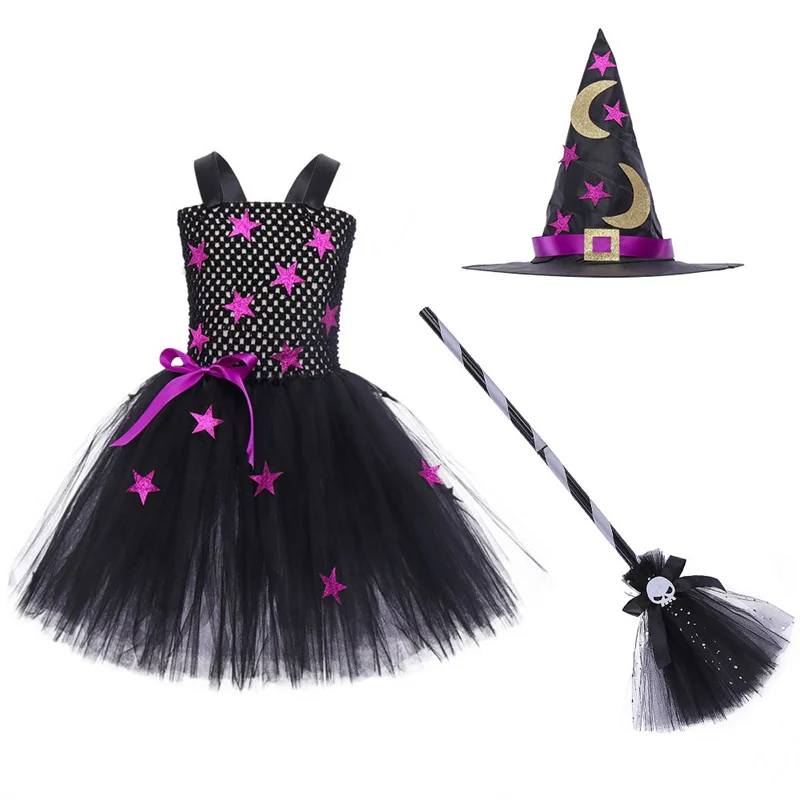 New Purple Girls Cosplay Costumes Children Halloween Party Party Witch Dress Kids Fashion Sleeveless Star Tutu Dresses 3-12 Year