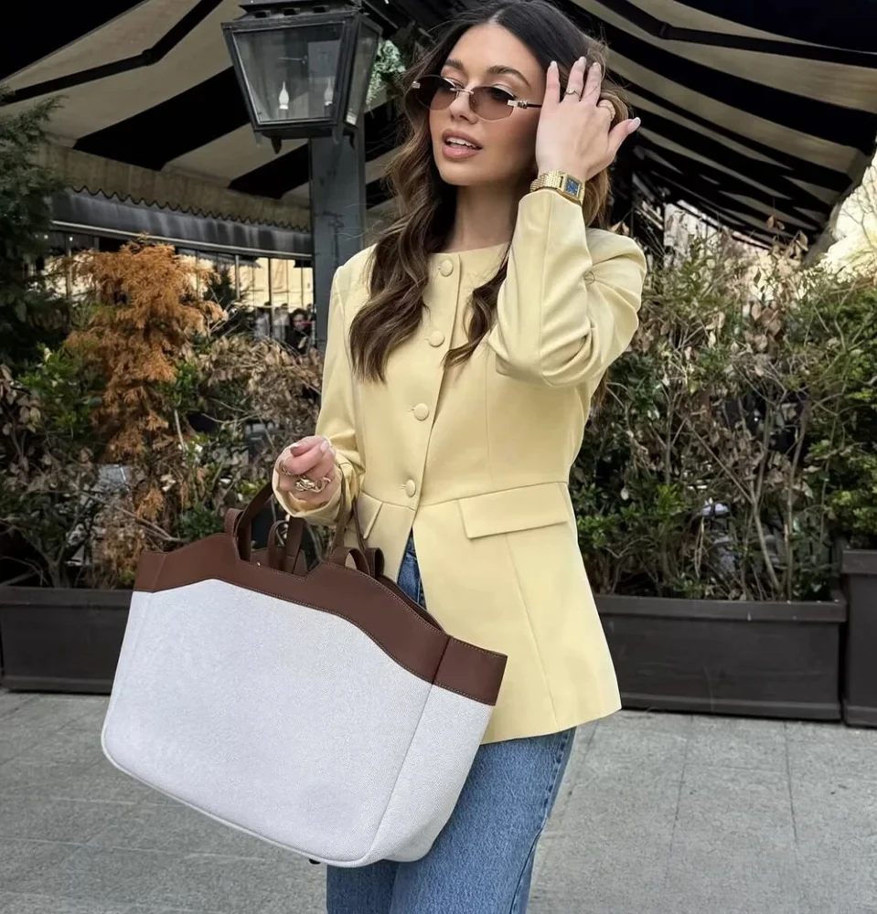 

KONDALA Elegant Yellow Slim Blazer Women's O-Neck Buttons Blazer 2025 Spring Fall Fashion High Street Casual Commute Lady Blazer