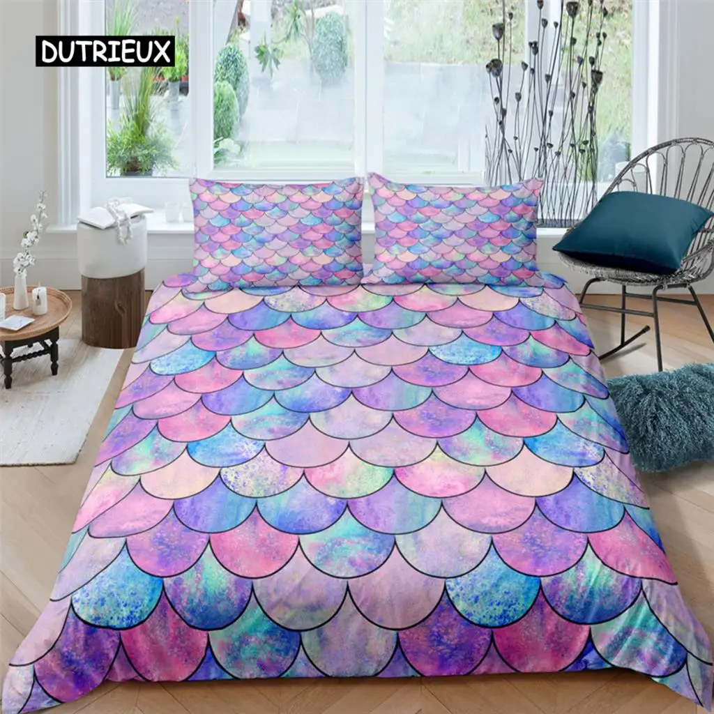 Fish Scales Duvet Cover Set Bedding Set Colorful Mermaid Scale Quilt Cover Pillowcase Queen Size Girls 2/3pcs Comforter Cover