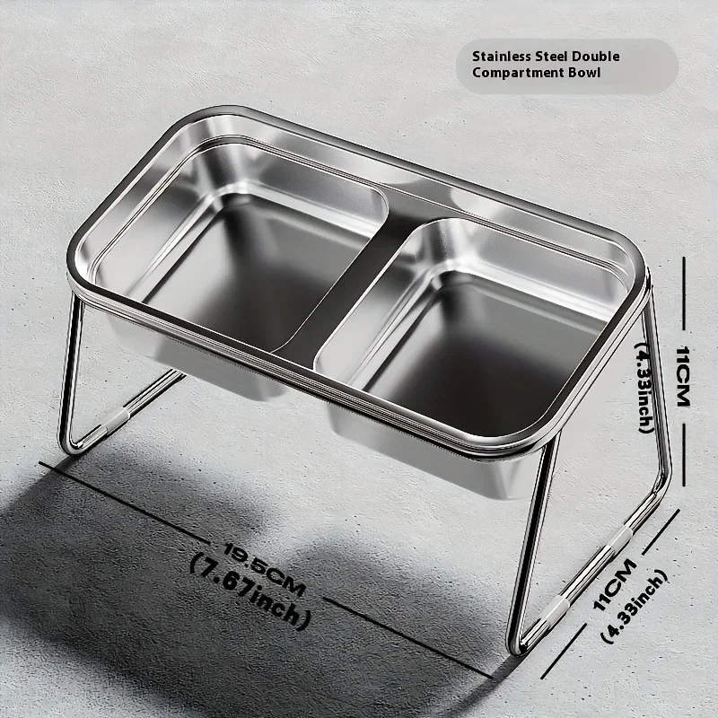 Tilted Neck Protection Cat Food Water Bowl 304 Stainless Steel Elevated Double Bowl Anti Slip Base for Easy Cleaning Use Feeder