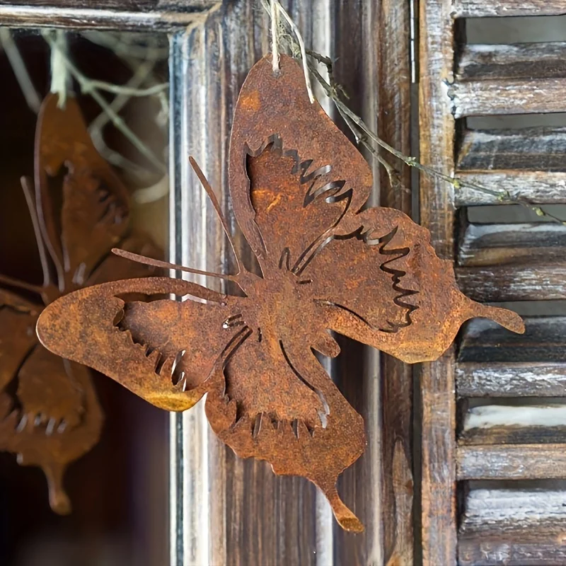Rustic Metal Butterfly Wall Art - No Power Needed, Outdoor Garden Decor, Iron Craft Hanging Ornament for Patio & Yard