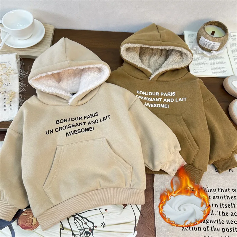 

Children's Fleece-Lined Hoodies Boys Girls Hooded Sweatshirt 2025 Winter Letter Print Pullover Kids Fleece Autumn Tracksuit
