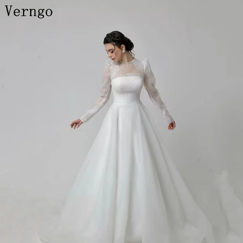 

Verngo Organza Lace Appliques Wedding Dress High Neck Full Sleeves A Line Bridal Gown Women Modest Arabic Bride Dress Customized