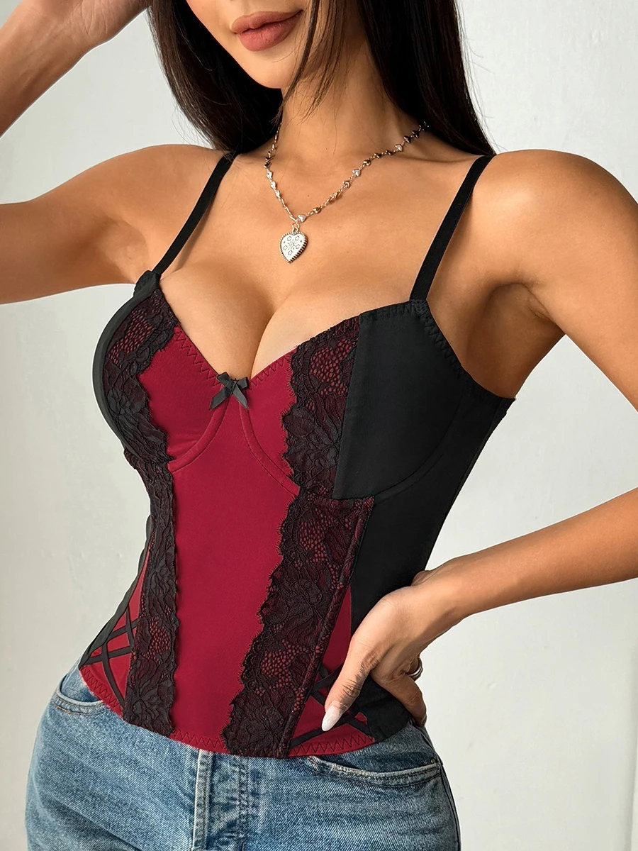 

SsTss Sexy Lace Spliced Crop Cami Top for Women Fashion Summer Sleeveless Bow V Neck Adjustable Strap Slim Boned Crop Corset Vet