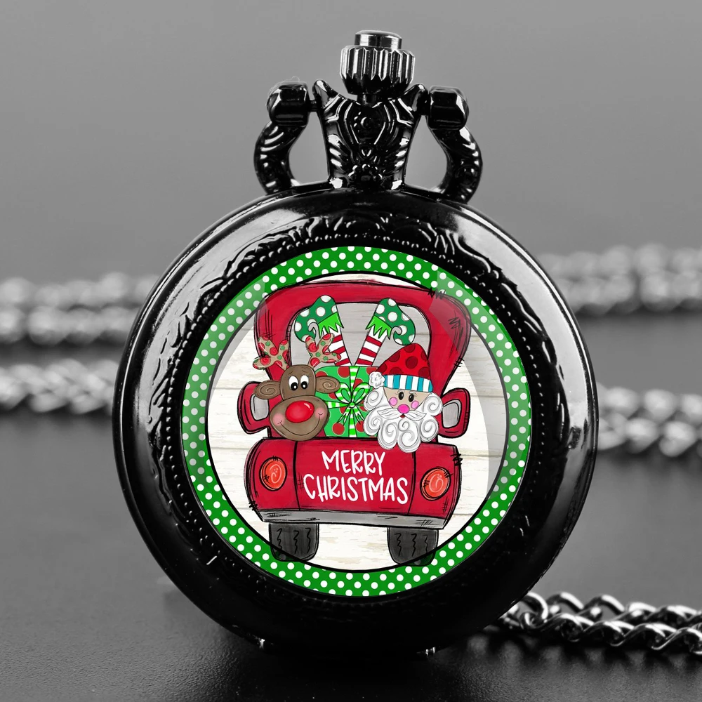 Merry Christmas Handmade Glass Dome Quartz Pocket Watch With Durable Chain Arabic Numeral Dial Extraordinary Gifts for Men Kids