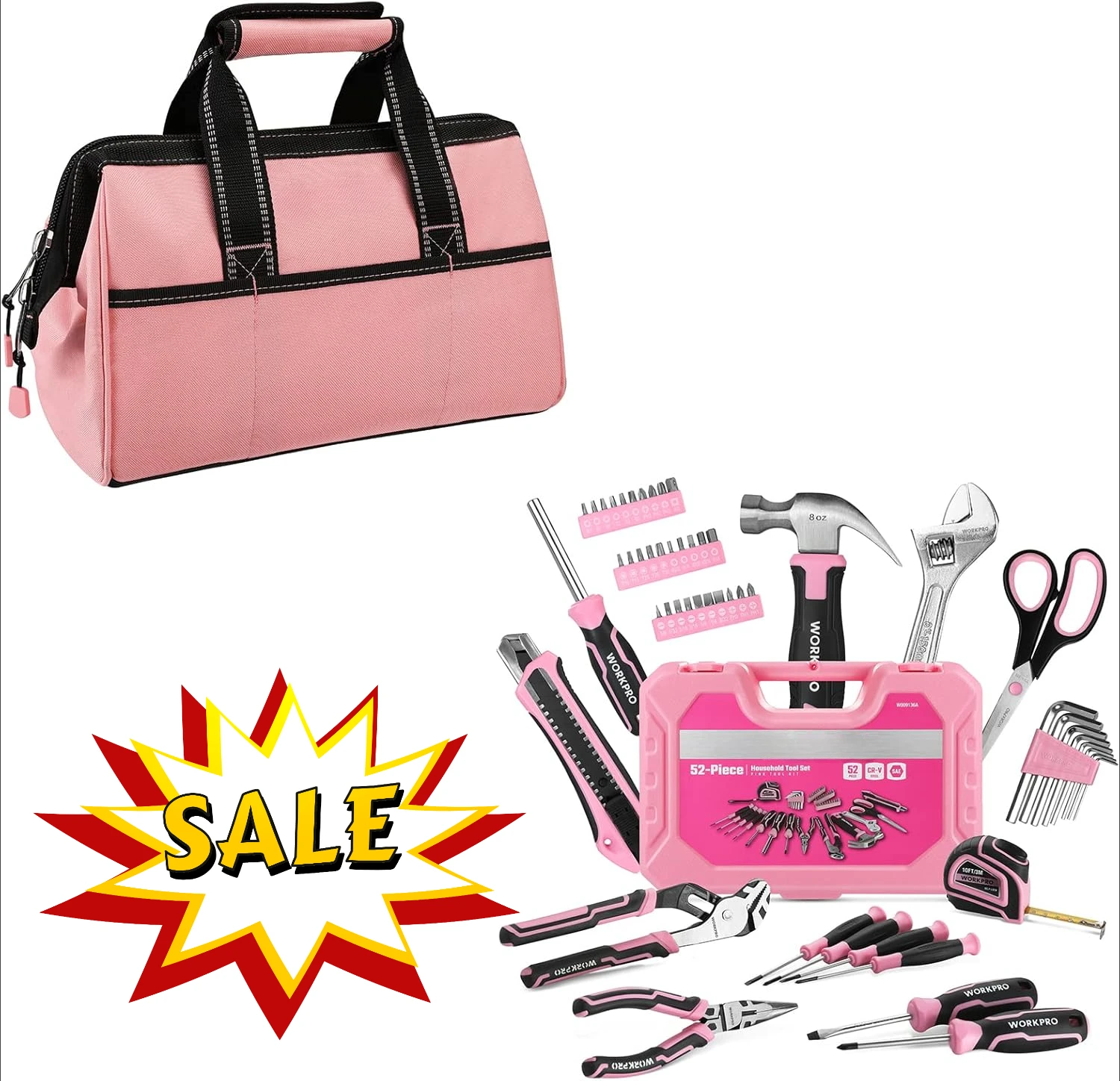 13-inch Tool Bag+52-Piece Pink Tools Set for Women Resistant 600D Polyester Fabric W/ Fine Stitching & Sturdy Double-pull Zipper