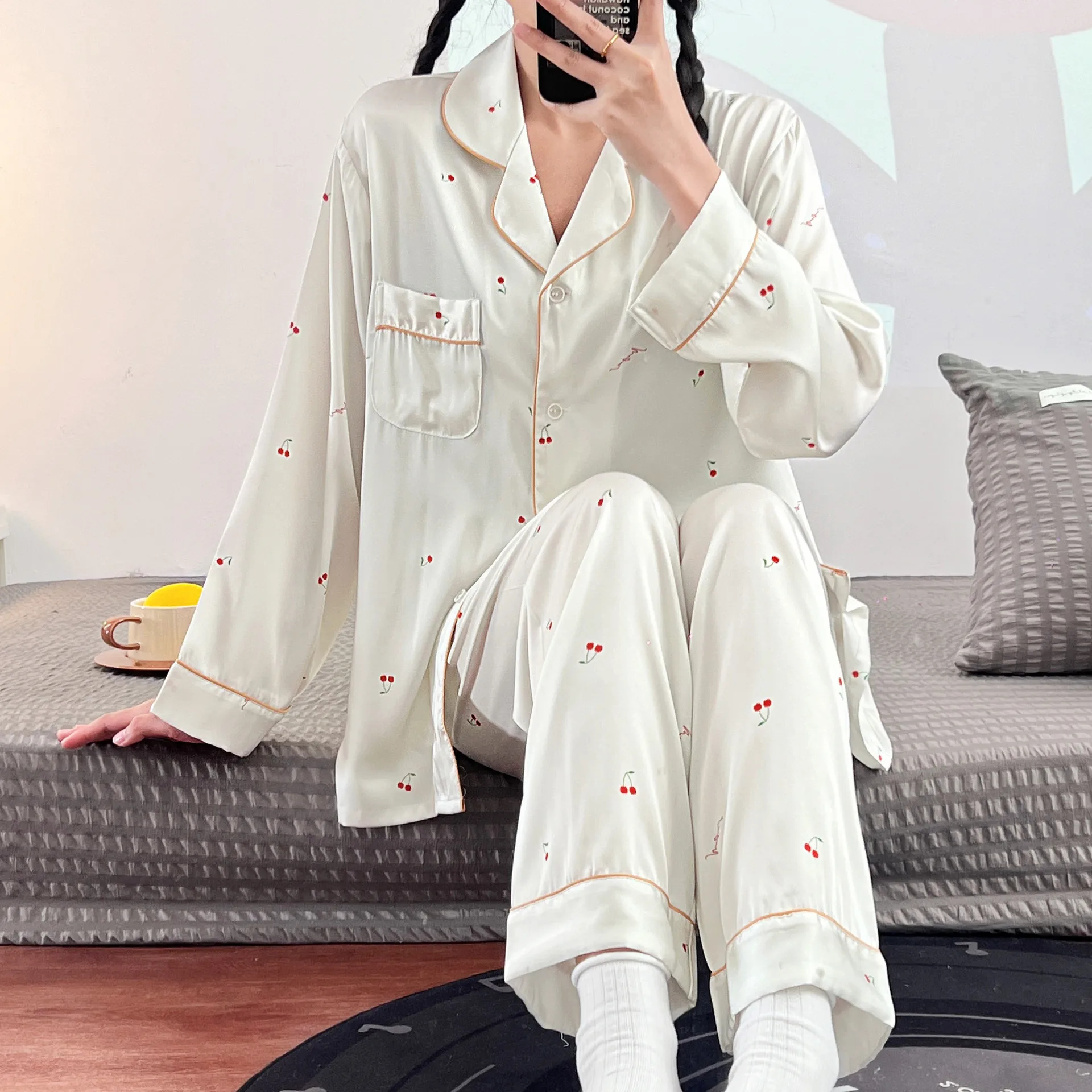 Long Sleeve Pants Floral Print Woman Satin Pajama Sets Ensembles 2 Piece Two-Piece Lady Outfit Lounge Women Pijama Pajama Pj