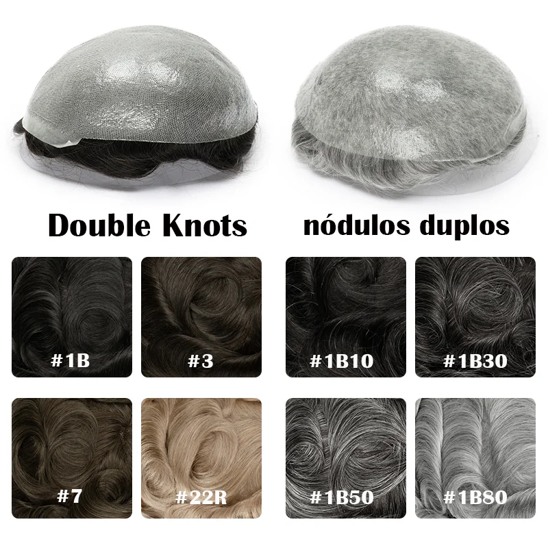 Strong Double Knots Men Toupee Men's Capillary Prosthesis 0.06-0.08mm Thin Skin Male Wig Remy Human Hair Grey Hair System