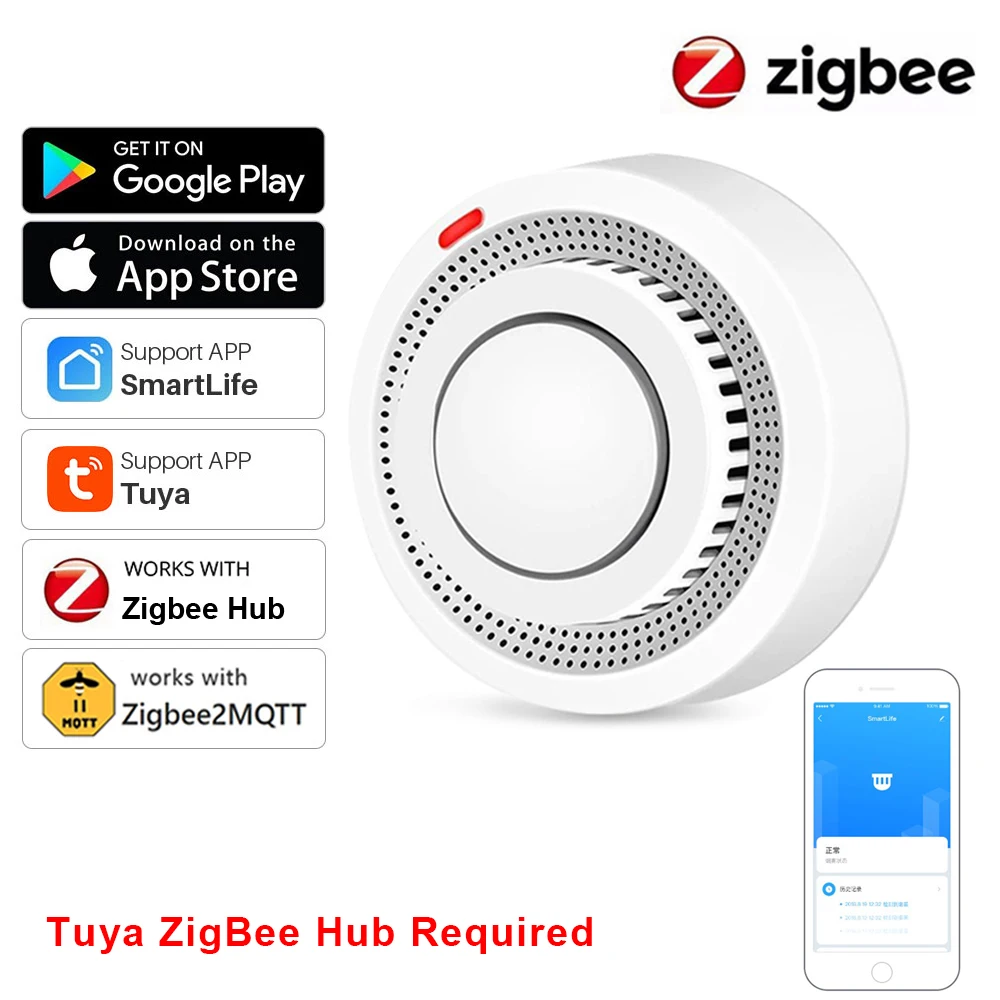 Умный детектор дыма Tuya Zigbee, охранная сигнализация, противопожарная система, работает с домом Tuya Zigbee