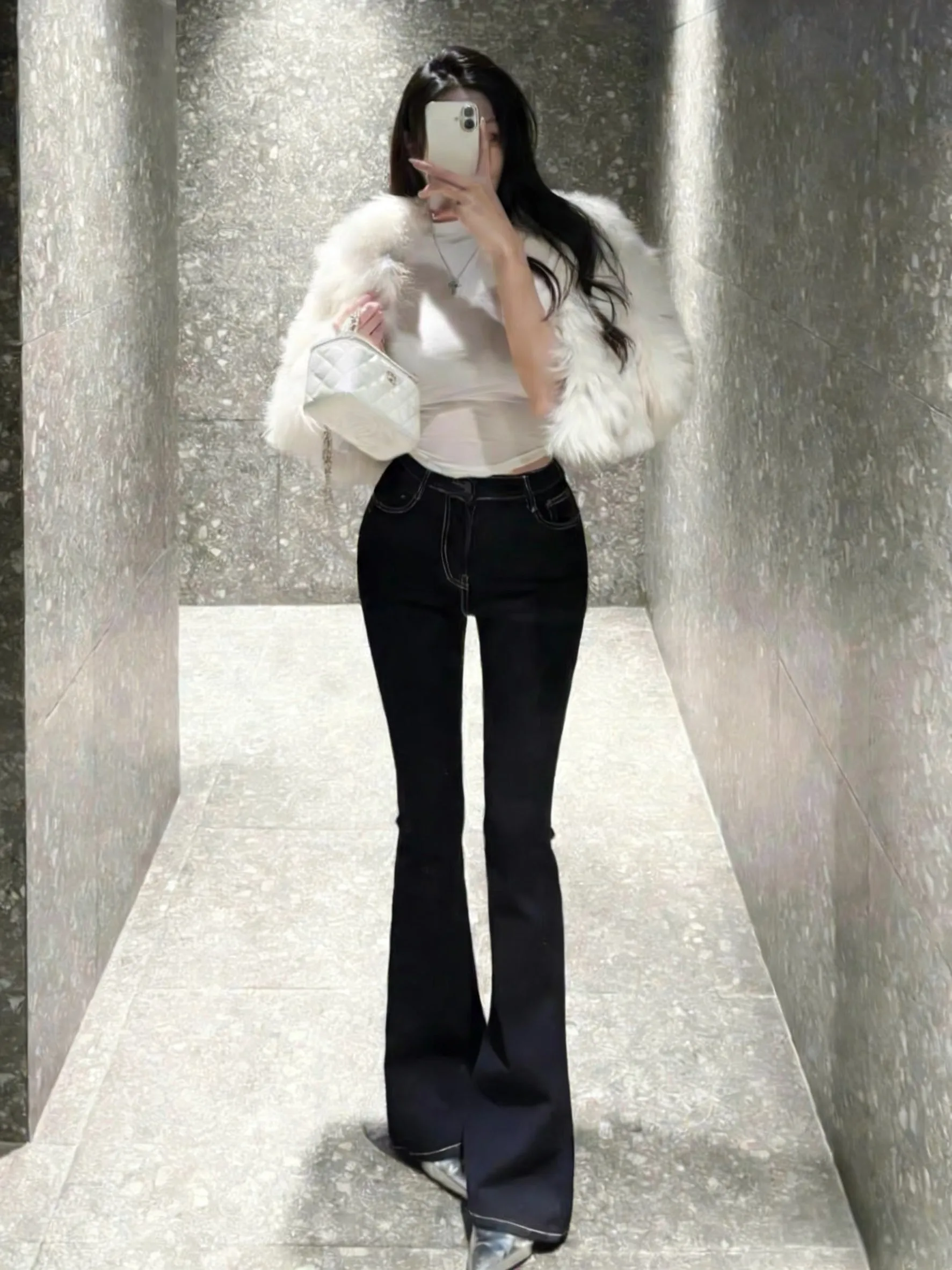 

High Waist Slim Fit Bell Bot Jeans Dongdaemun Clear Line Hip Enhancing Long Trousers Women's Cotton Stretch Denim Pants
