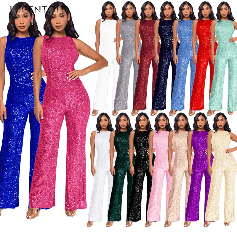 Sparkling Sequins Seamless Jumpsuit Women Sleeveless Party Lady High Waist Smooth Fitted Glamorous Overall Jumpsuit for Woman
