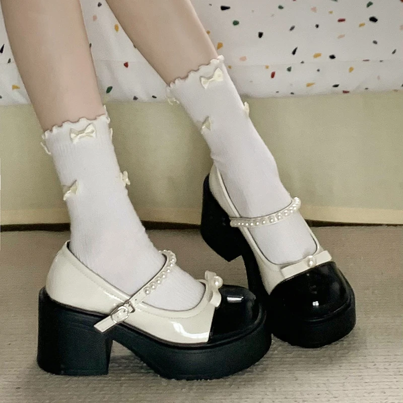 Mary Janes Thick Heel Chunky High Heels Women's Shoes 2024 New Spring  Knot Japanese Style Fashion Single Shoes