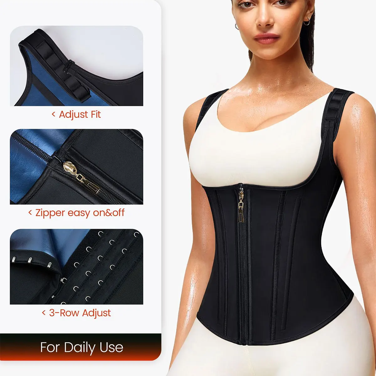 Colombian Sauna Corset Women's Vest Top Double Compression Waist Training Corset Adjustable Zipper and Hook Eye
