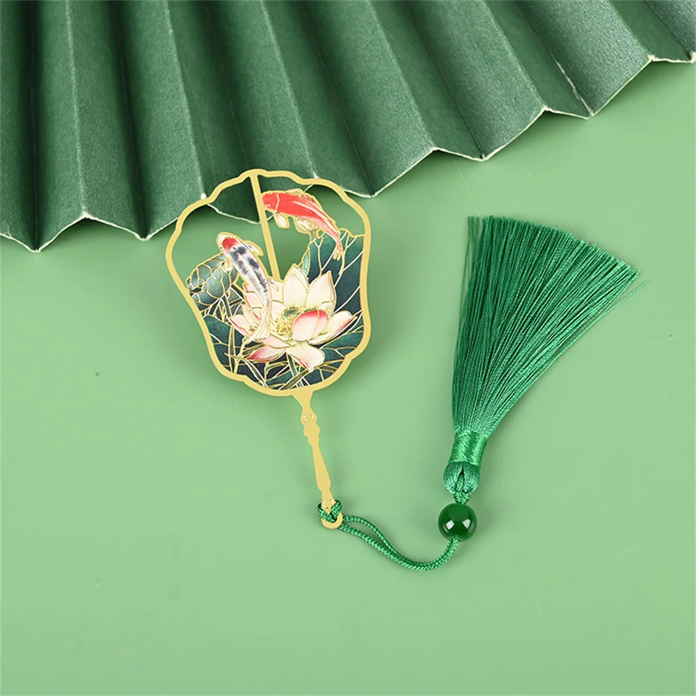 Metal Bookmark Chinese Ancient Fan Landscape Scenery Bookmark with Tassels Stationery Gift for Reader Student